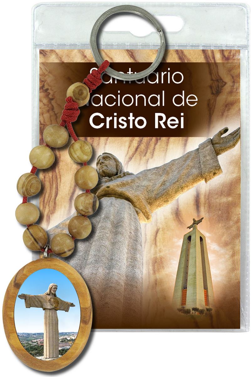 portachiavi cristo rei con decina in ulivo e preghiera in portoghese