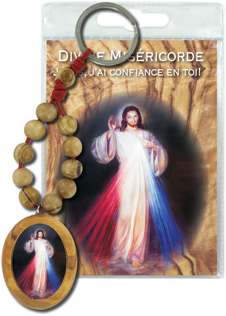 portachiavi divina misericordia con decina in ulivo e preghiera in francese