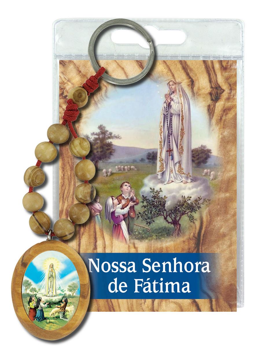 portachiavi madonna di fatima con decina in ulivo e preghiera in portoghese