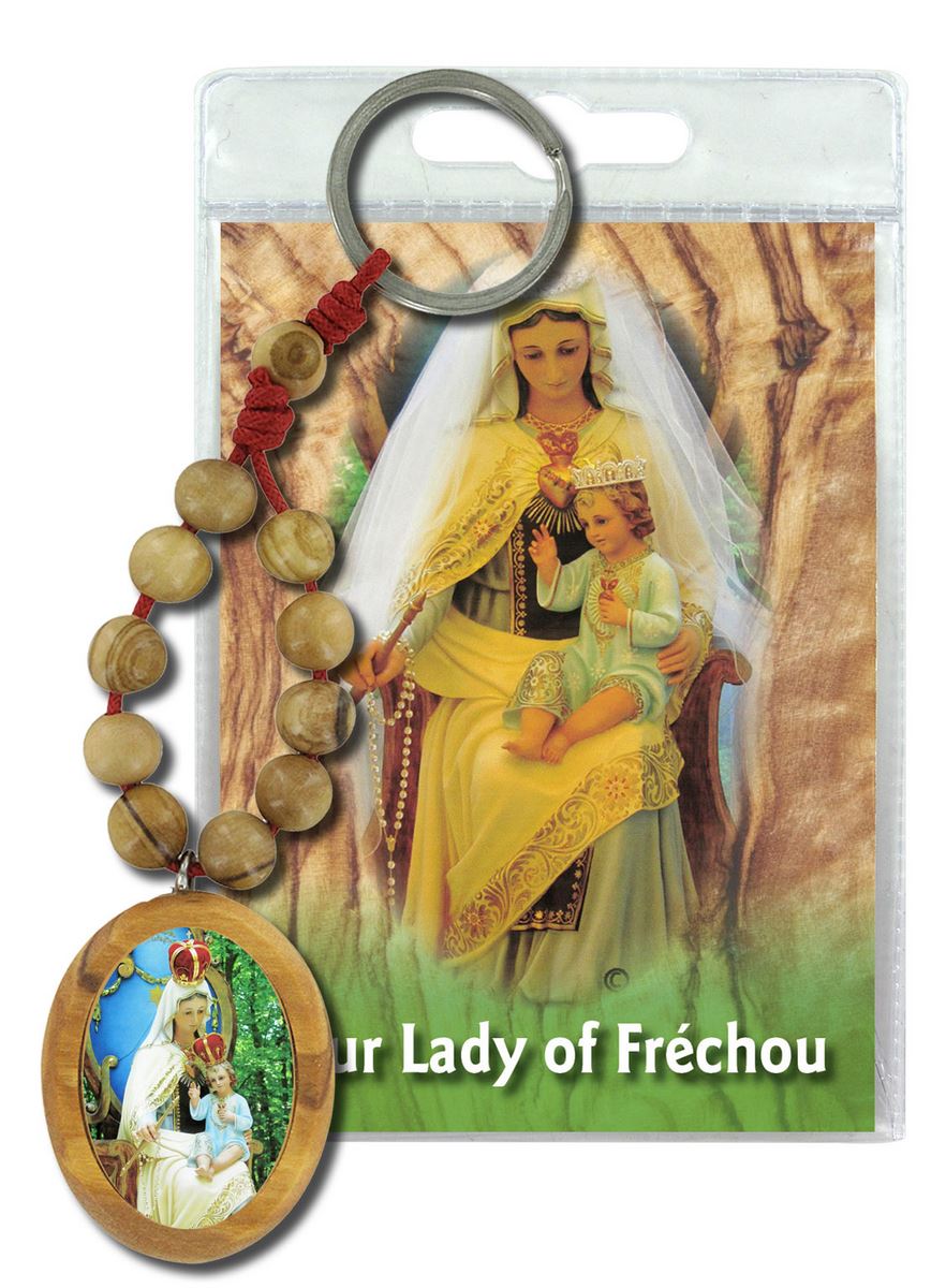 portachiavi madonna di frechou con decina in ulivo e preghiera in inglese