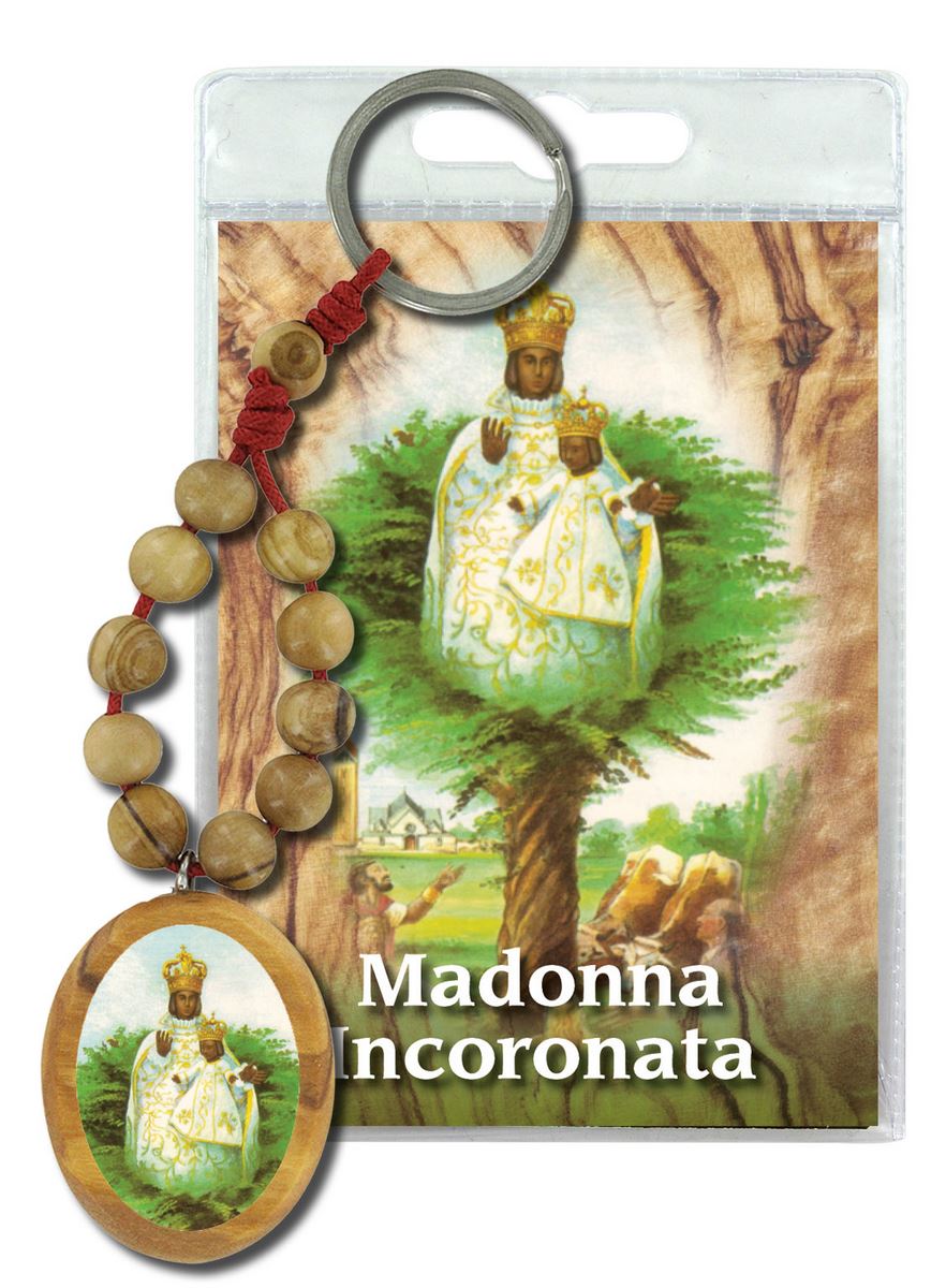 portachiavi madonna dell'incoronata con decina in ulivo e preghiera in italiano