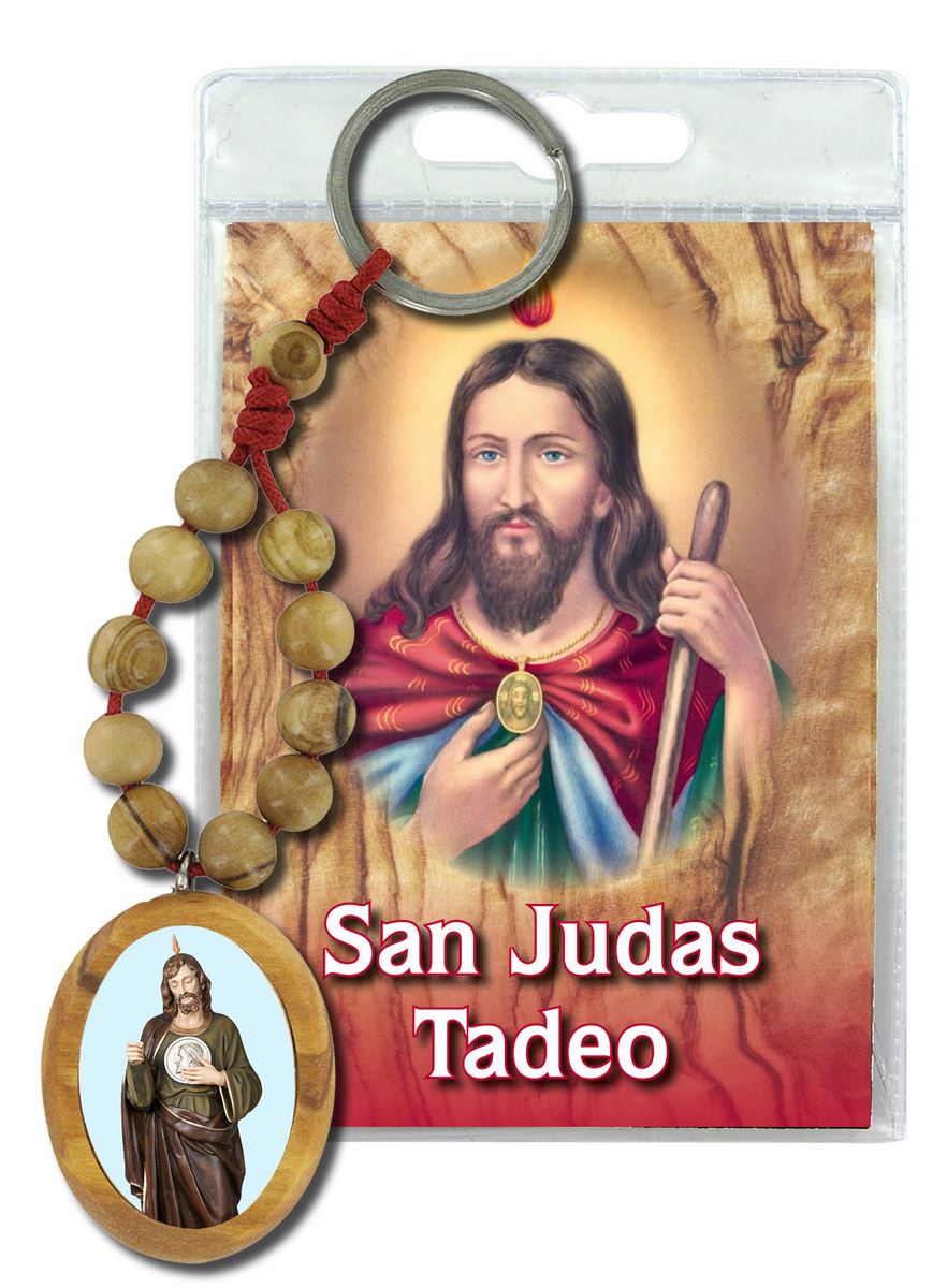 portachiavi san giuda taddeo con decina in ulivo e preghiera in spagnolo