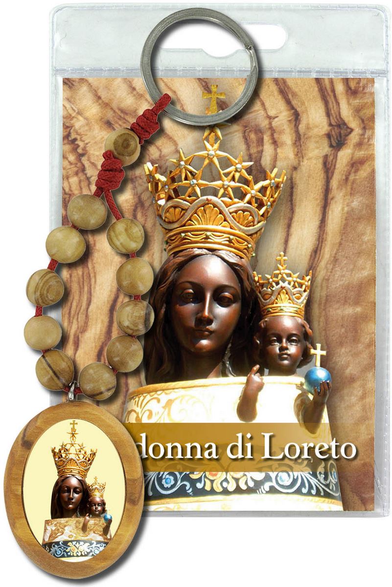 portachiavi madonna di loreto con decina in ulivo e preghiera in italiano
