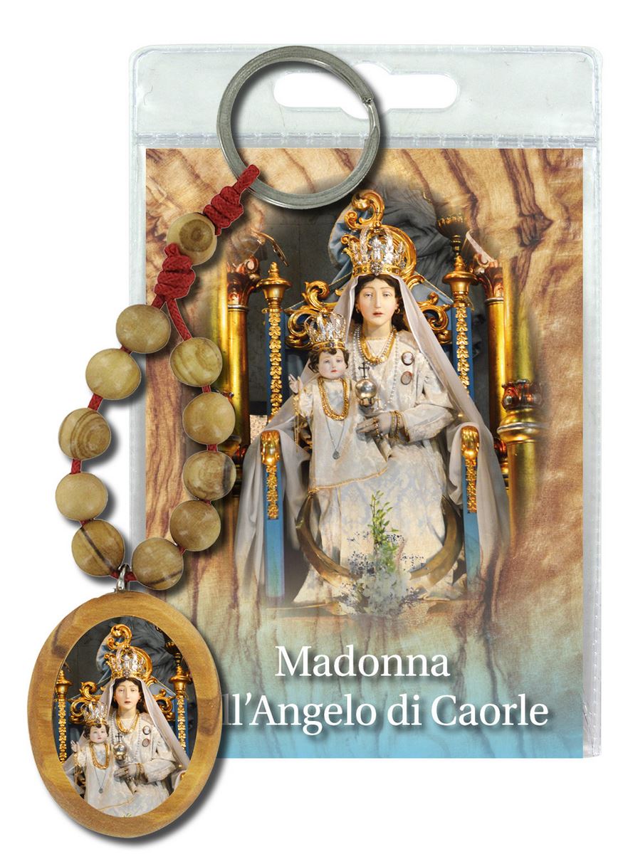 portachiavi madonna dell'angelo di caorle con decina in ulivo e preghiera in italiano