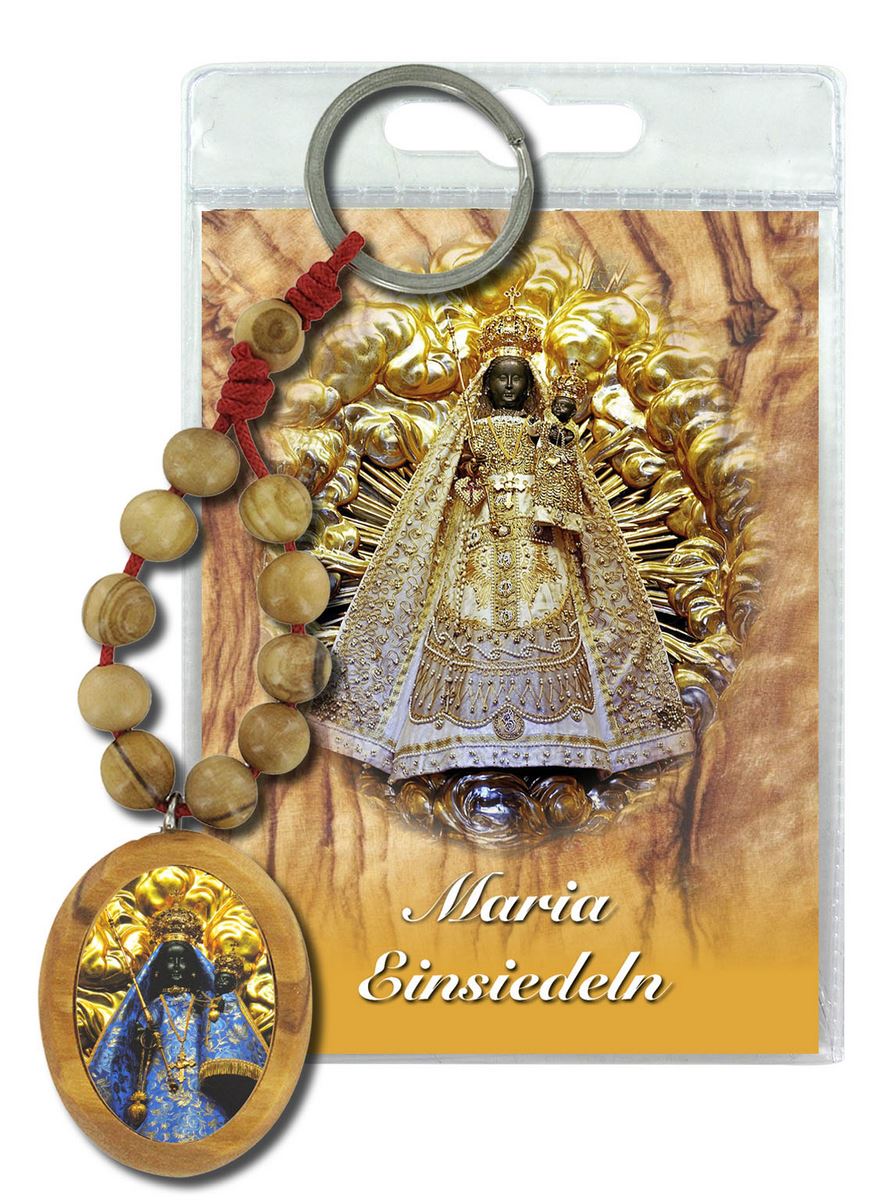 portachiavi madonna di einsiedeln con decina in ulivo e preghiera in tedesco