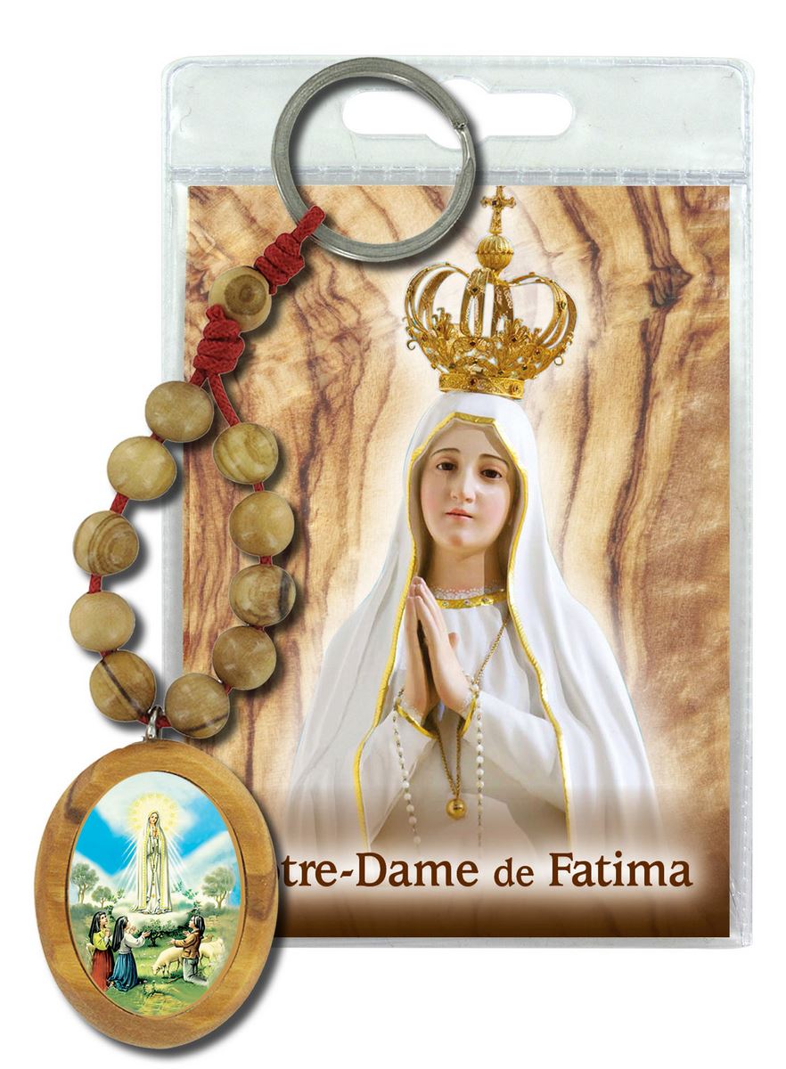 portachiavi madonna di fatima con decina in ulivo e preghiera in francese