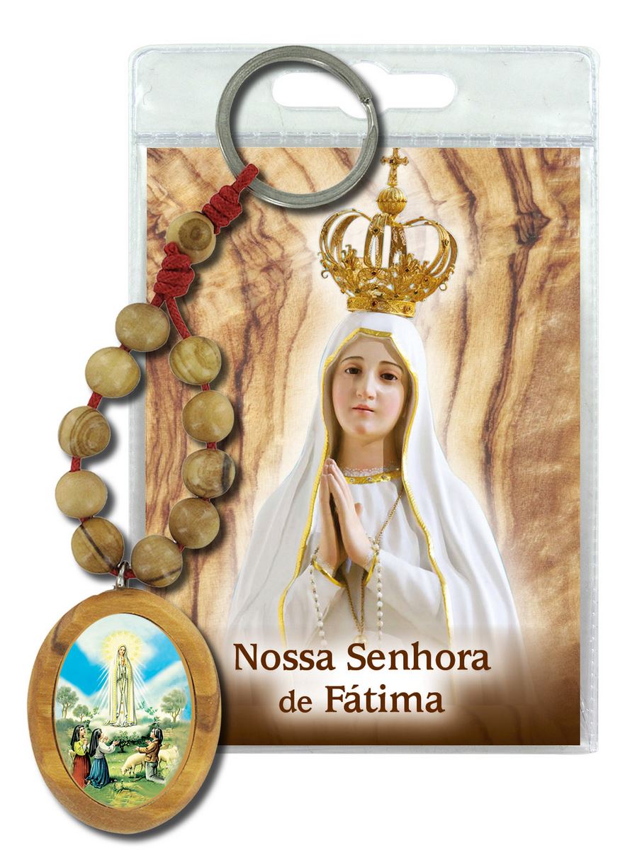 portachiavi madonna di fatima con decina in ulivo e preghiera in portoghese