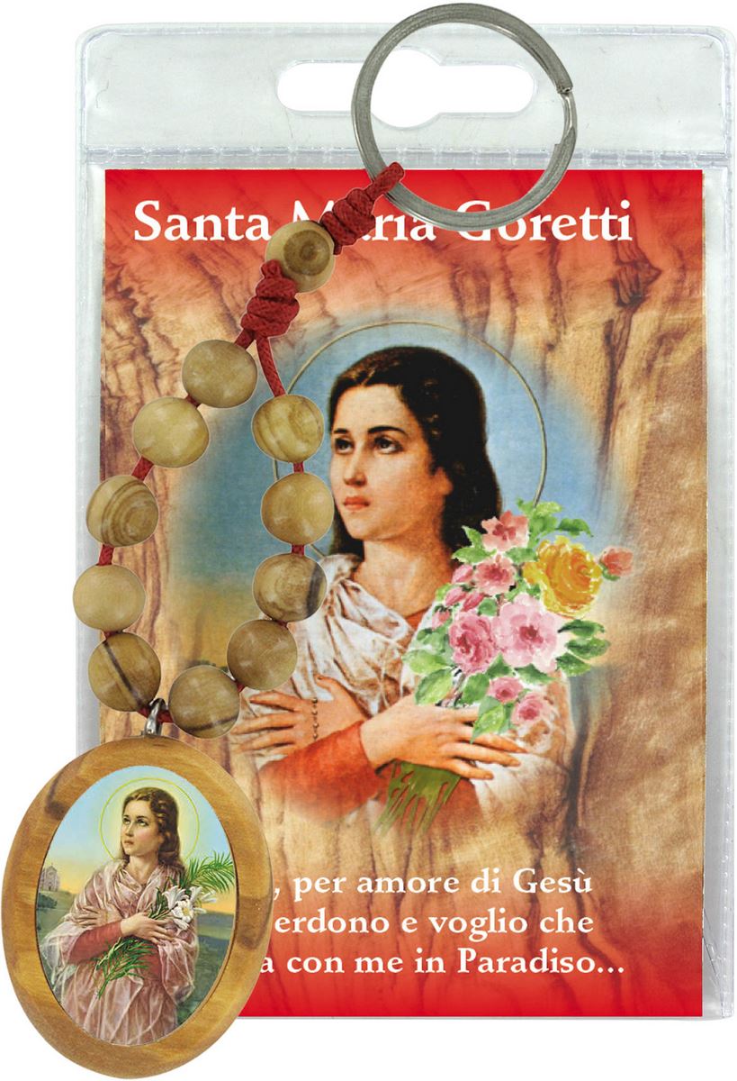 portachiavi di santa maria goretti in legno d'ulivo con decina, in blister trasparente con preghiera, testi in italiano