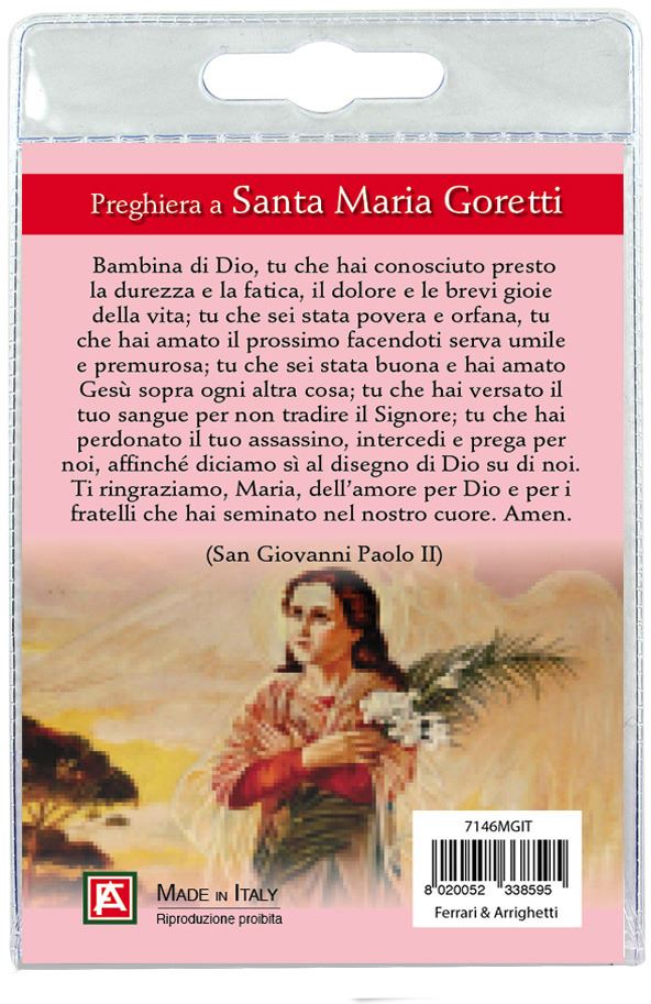 portachiavi di santa maria goretti in legno d'ulivo con decina, in blister trasparente con preghiera, testi in italiano