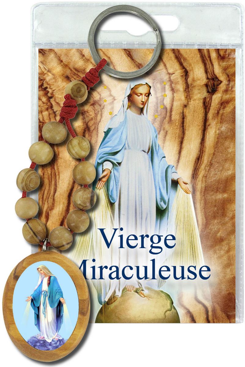 portachiavi madonna miracolosa con decina in ulivo e preghiera in francese