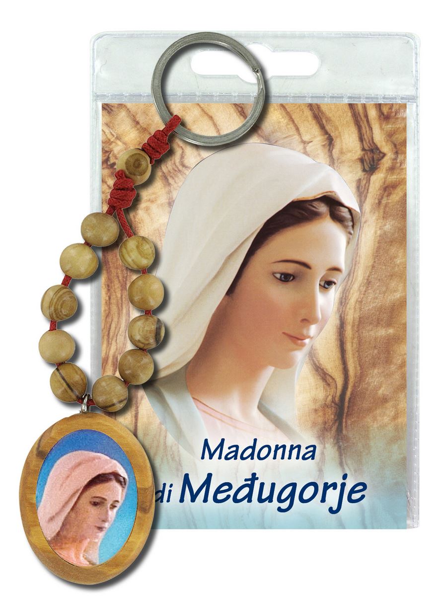 portachiavi madonna di medjugorje con decina in ulivo e preghiera in italiano
