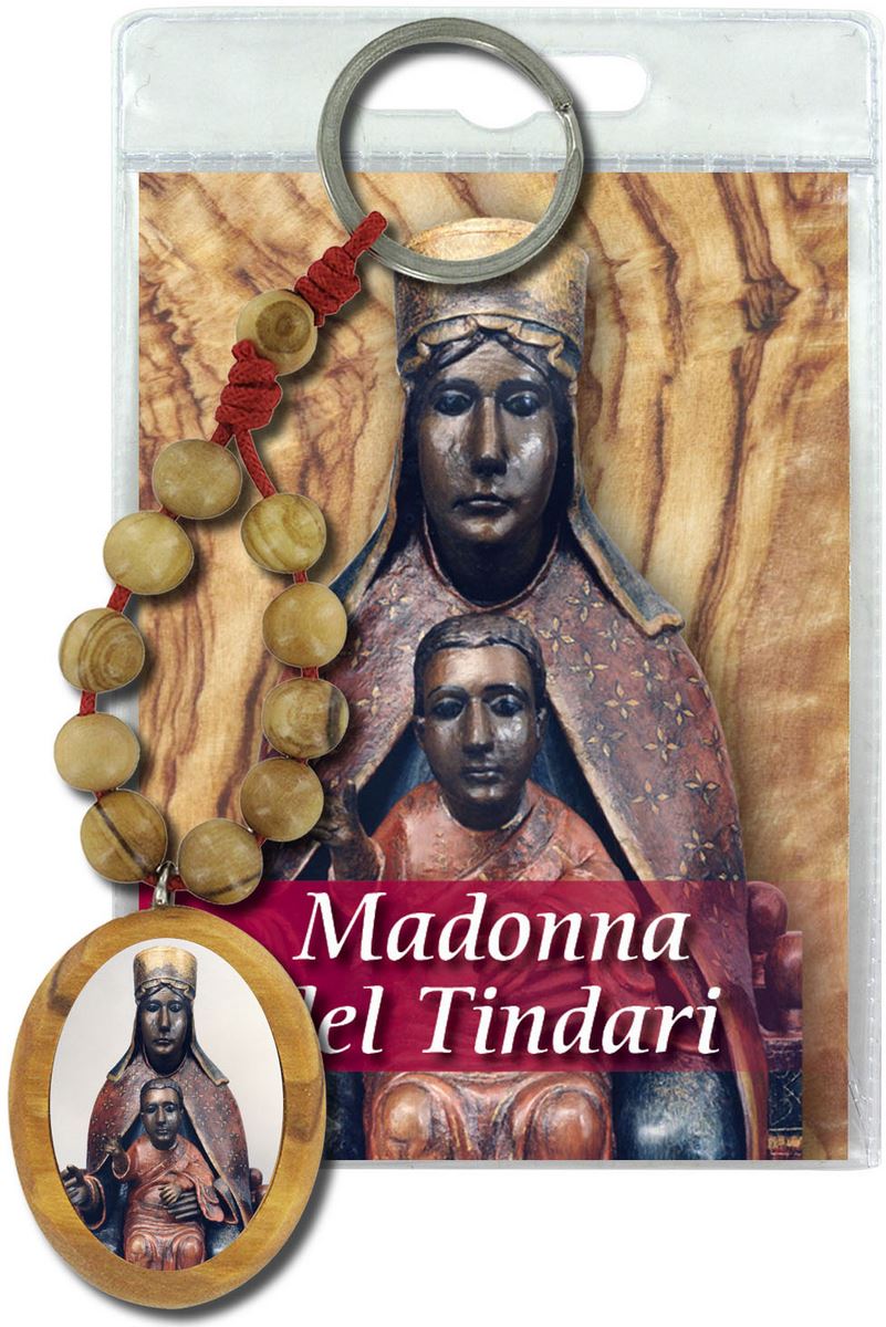 portachiavi madonna di tindari con decina in ulivo e preghiera in italiano