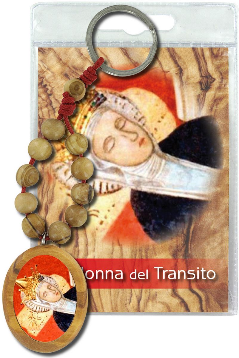 portachiavi madonna del transito con decina in ulivo e preghiera in italiano