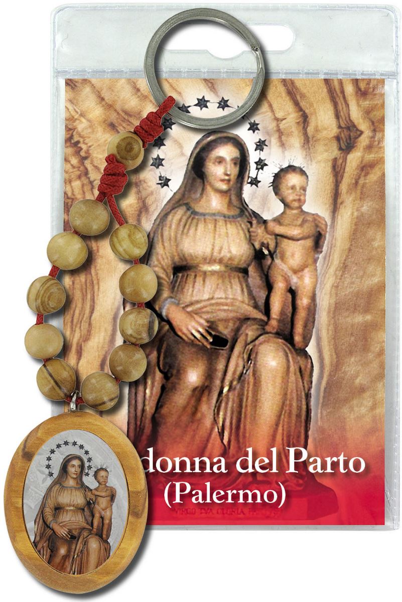 portachiavi madonna del parto con decina in ulivo e preghiera in italiano