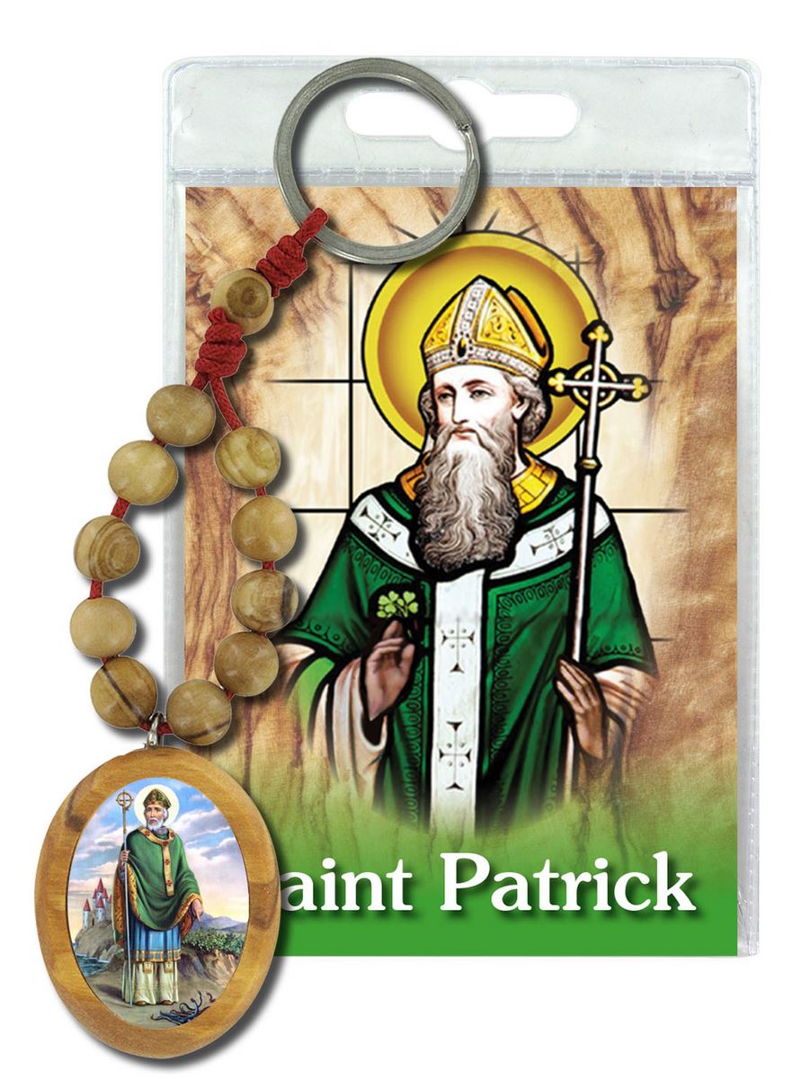 portachiavi saint patrick con decina in ulivo e preghiera in inglese