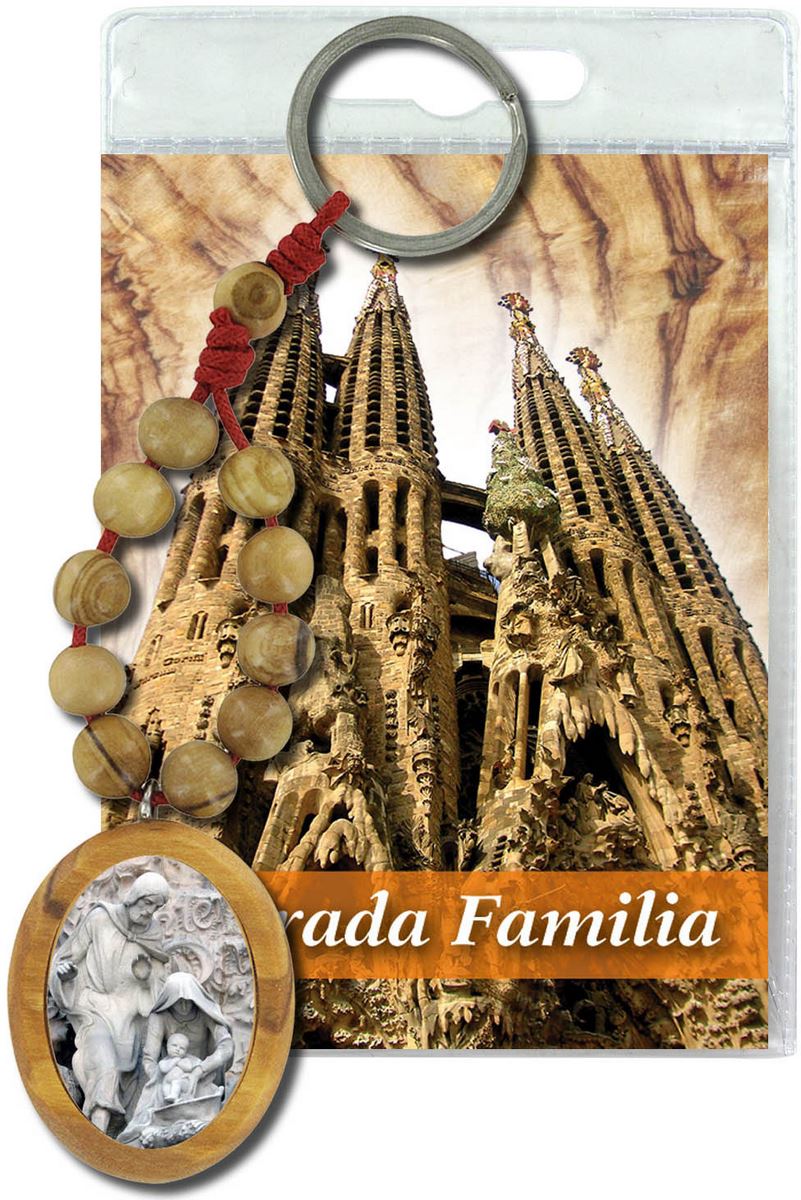 portachiavi sagrada familia barcelona con decina in ulivo e preghiera in spagnolo