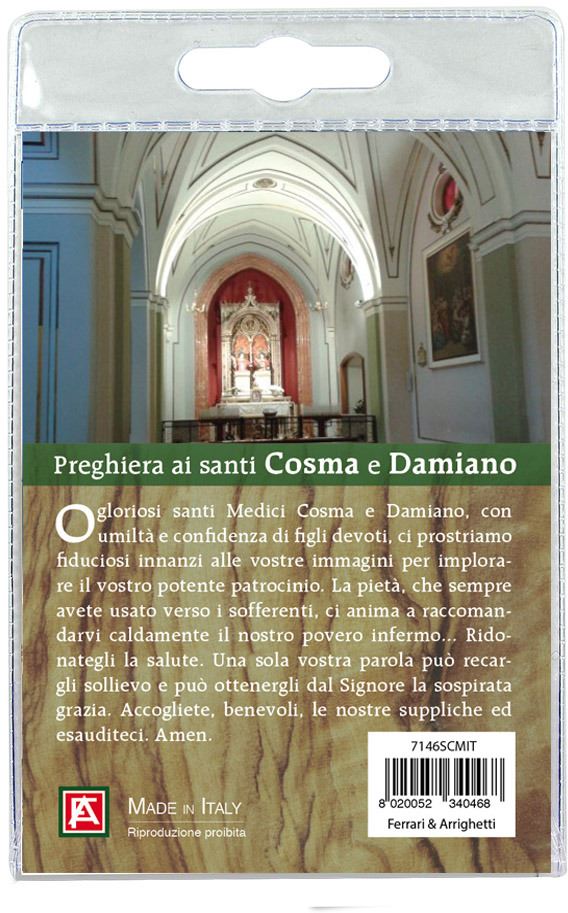 portachiavi santi cosma e damiano (ad oria) con decina in ulivo e preghiera in italiano