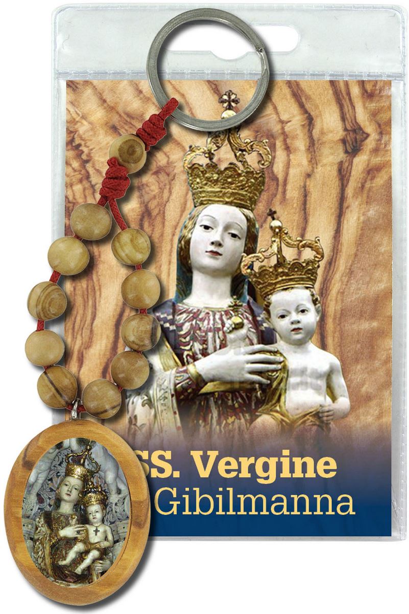 portachiavi madonna di gibilmanna con decina in ulivo e preghiera in italiano