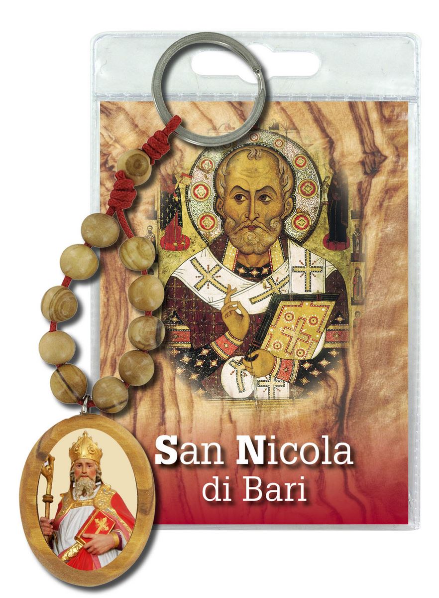 portachiavi san nicola di bari con decina in ulivo e preghiera in italiano