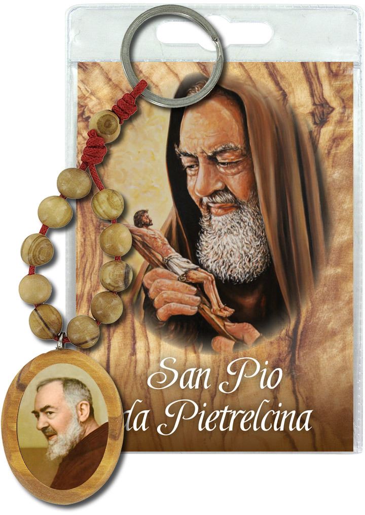 portachiavi san pio con decina in ulivo e preghiera in italiano