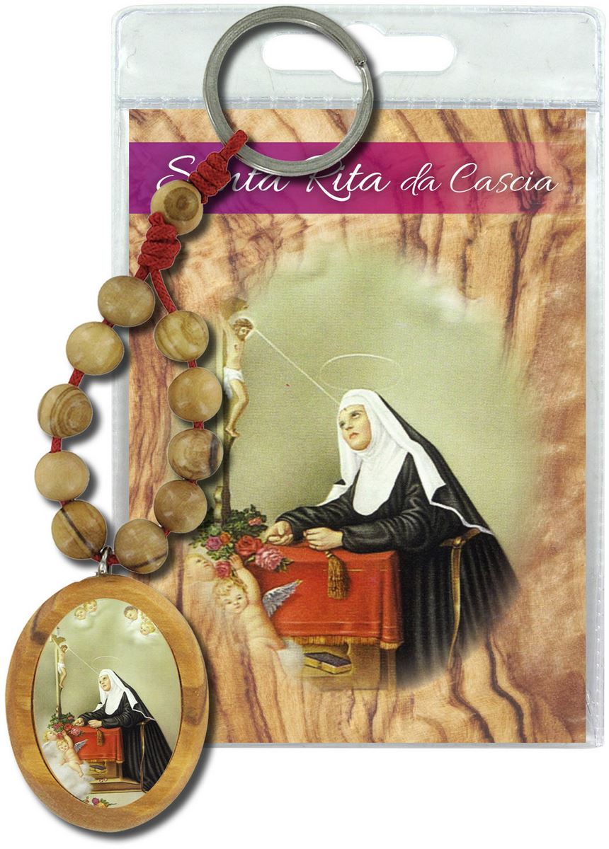 portachiavi santa rita (barona milano) con decina in ulivo e preghiera in italiano