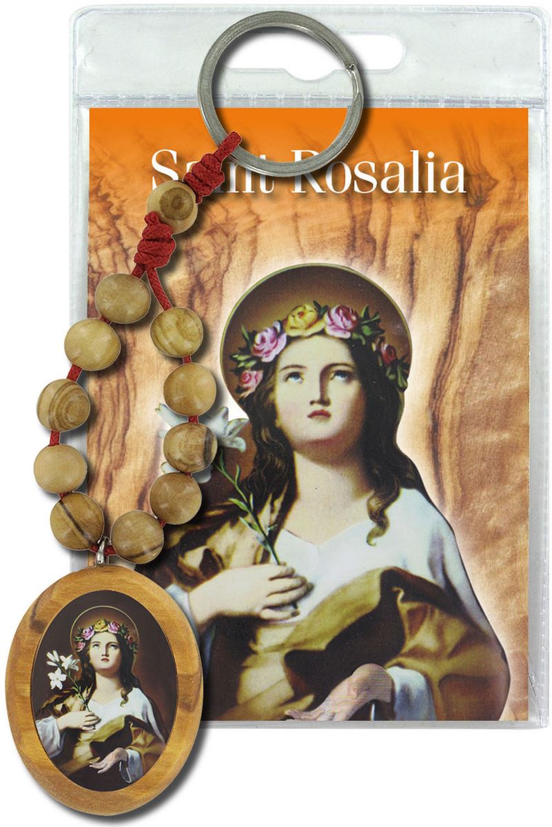 portachiavi santa rosalia con decina in ulivo e preghiera in inglese