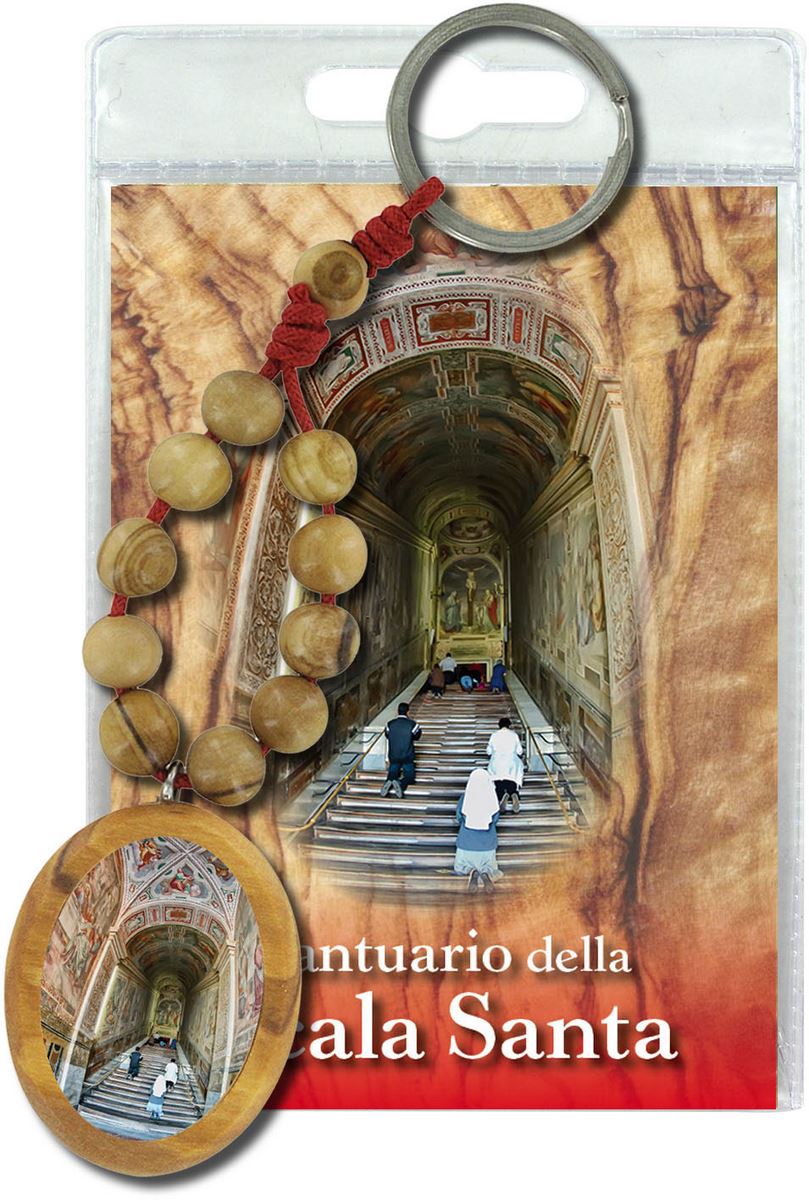 portachiavi scala santa con decina in ulivo e preghiera in italiano