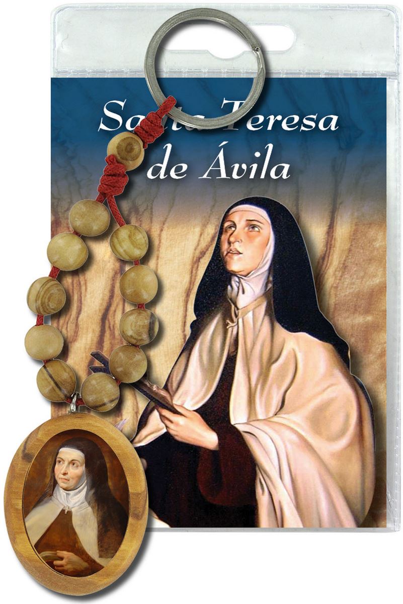 portachiavi santa teresa d'avila con decina in ulivo e preghiera in spagnolo