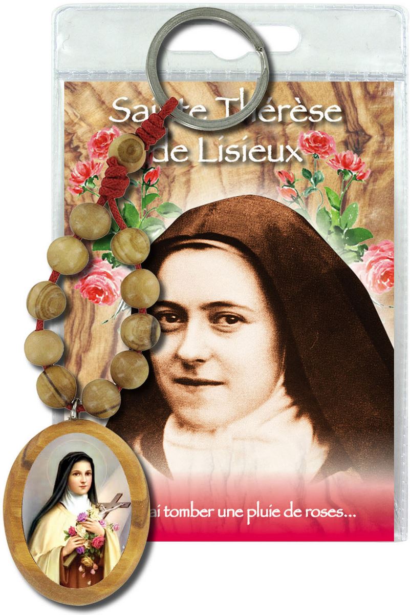 portachiavi santa teresa di lisieux con decina in ulivo e preghiera in francese