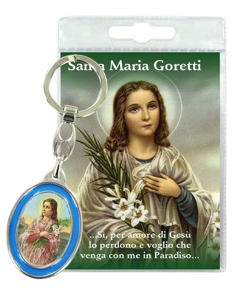 portachiavi di santa maria goretti, in blister trasparente con preghiera, testi in italiano