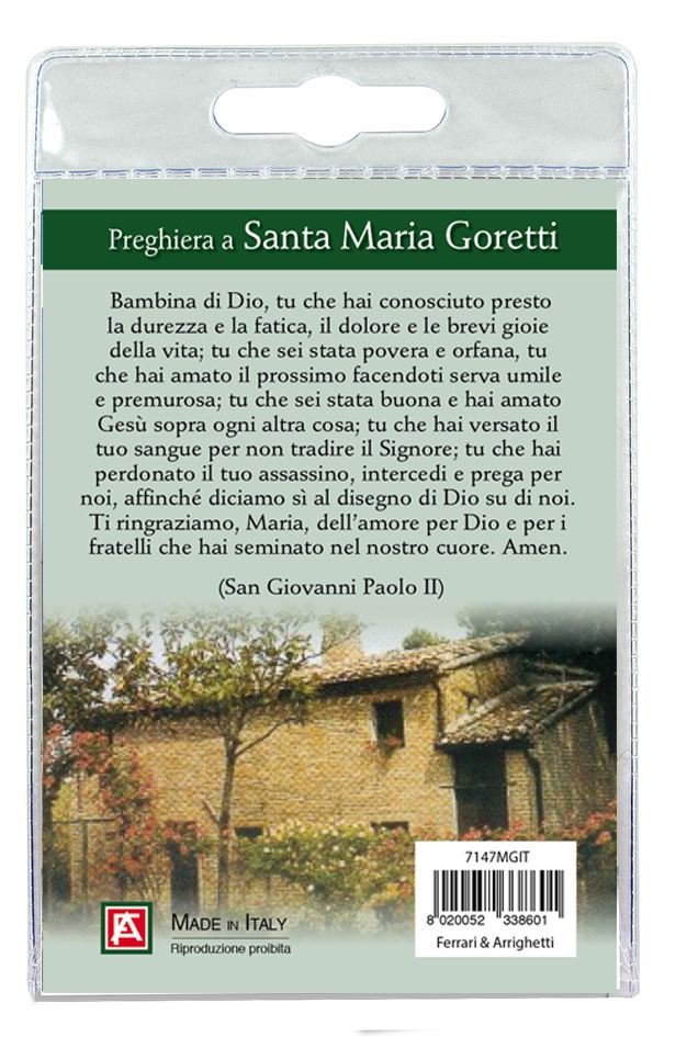 portachiavi di santa maria goretti, in blister trasparente con preghiera, testi in italiano