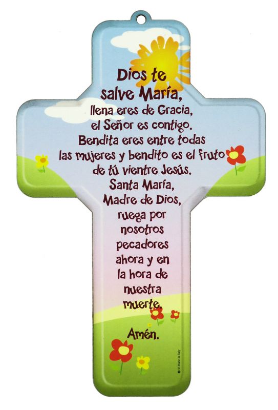 crocifisso per bambini con la preghiera dell'ave maria in spagnolo - 12 x 18 cm