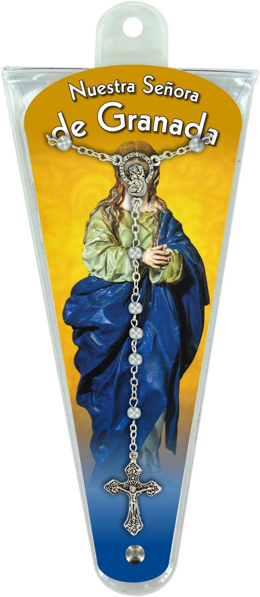 ventaglio misteri del rosario madonna della cattedrale di granada in spagnolo con rosario - altezza di 17,5 cm