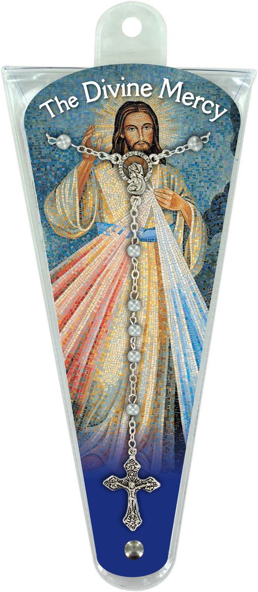ventaglio misteri del rosario gesù misericordioso in inglese con rosario - altezza di 17,5 cm