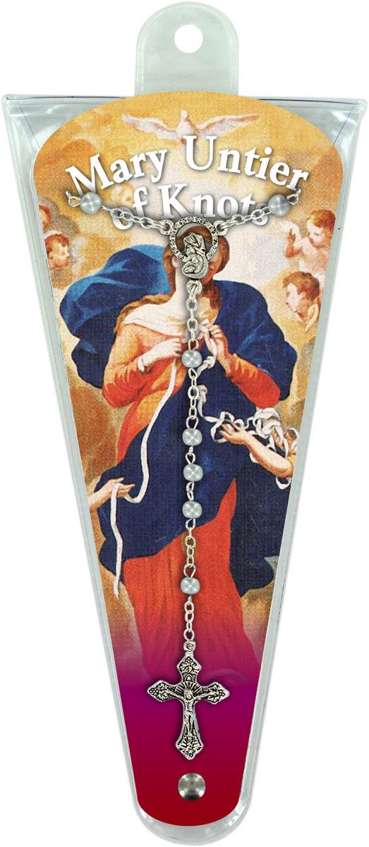 ventaglio misteri del rosario di maria che scioglie i nodi in inglese con rosario - altezza di 17,5 cm