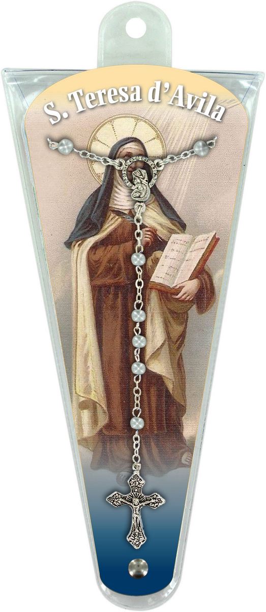 ventaglio misteri del rosario santa teresa avila in italiano con rosario - altezza di 17,5 cm