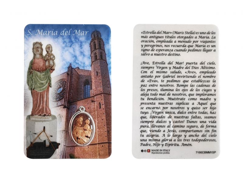 card basilica santa maria del mar in pvc con medaglia - 5,5 x 8,5 cm - spagnolo