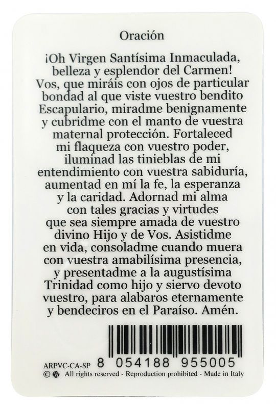 card madonna del carmelo in pvc - 5,5 x 8,5 cm - spagnolo