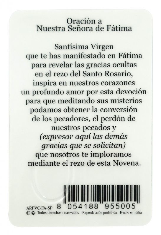 card madonna di fatima in pvc - 5,5 x 8,5 cm - spagnolo
