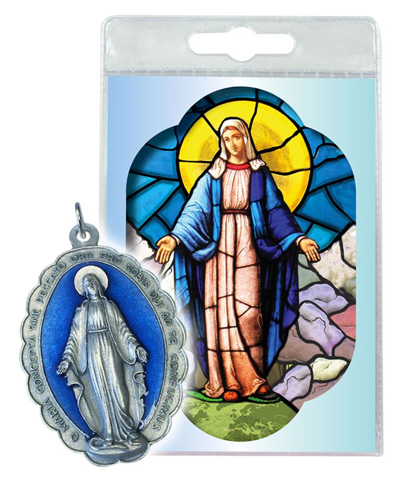 GTBITALY Kit 003 medaglia Grande miracolosa Originale con Preghiera in Latino Smalto Blu medaglia Piccola con Anello portachiave Rosa con Logo e Santo 