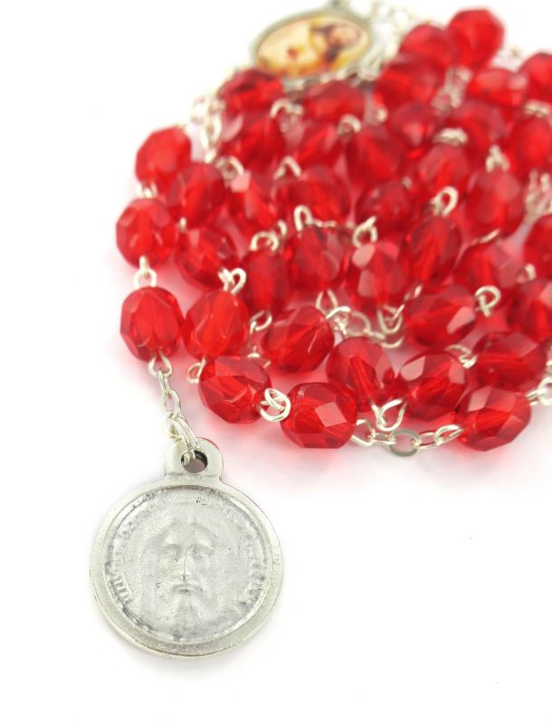rosario prezioso sangue con spiegazione e legatura a mano, plastica e metallo, rosso