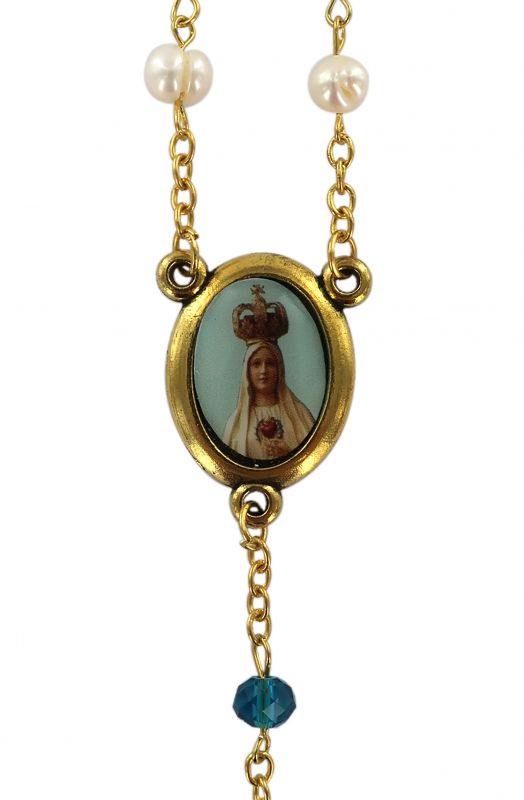 rosario della madonna pellegrina di fátima, con grani a sassolini in vetro effetto perla, Ø 6 mm circa + medaglia/ciondolo