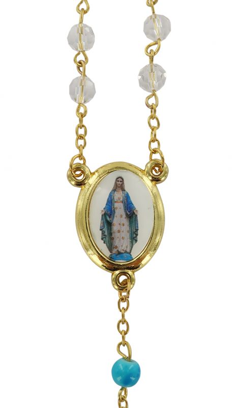 rosario dell'immacolata concezione con grani sfaccettati in vetro trasparente, Ø 6 mm