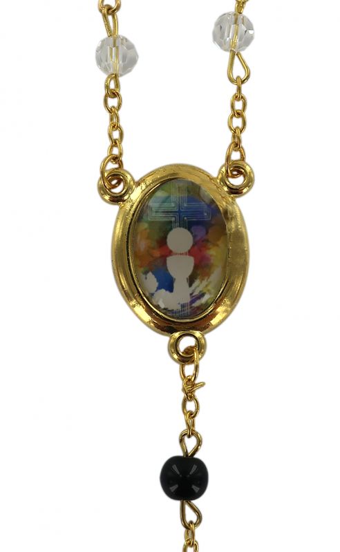 rosario eucaristico con grani sfaccettati in vetro trasparente, Ø 5,5 mm