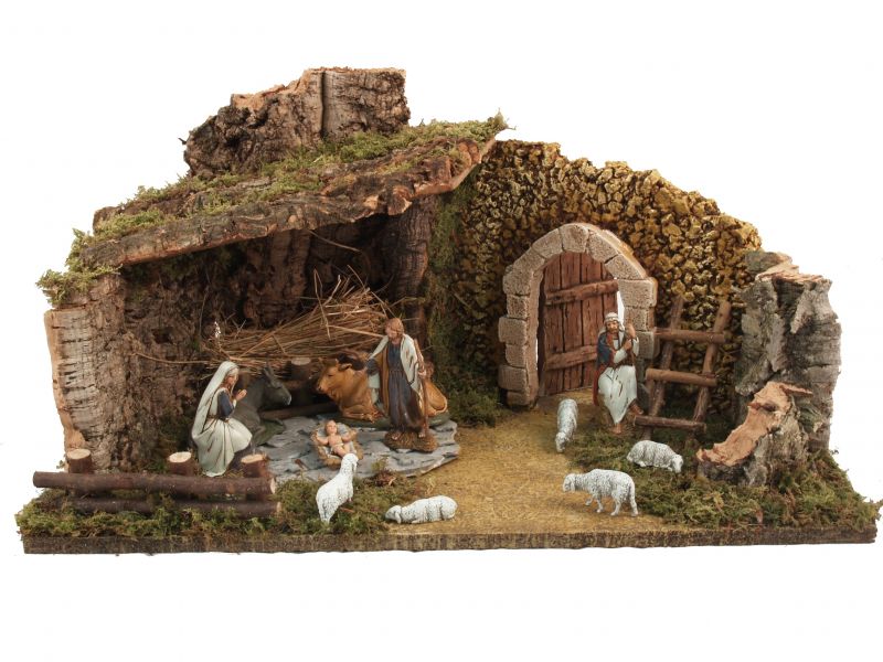 capanna con natività e particolari in gesso – bertoni presepe linea natale