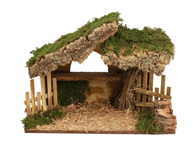 capanna vuota per presepe, con steccati e paglia, per statuine da 10 centimetri non incluse, legno, 36x16x27 centimetri