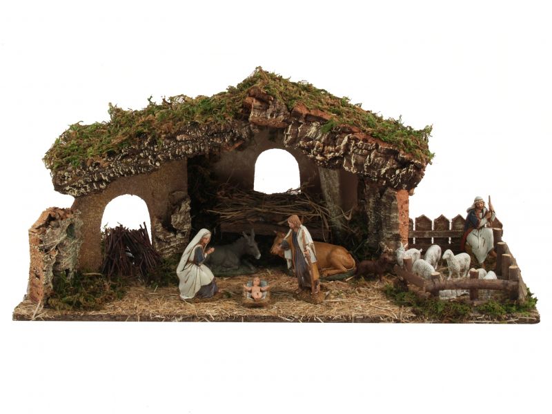 capanna per presepe con led effetto fuoco 220v, natività e recinto gregge, legno/resina, multicolore, taglia unica