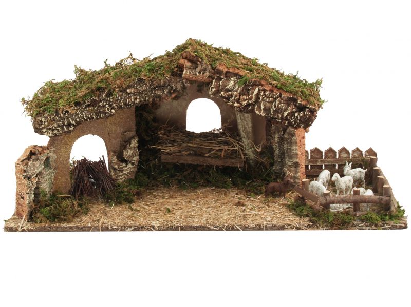 capanna per presepe con recinto e luce effetto fuoco 220v per statuine 10/12 cm non incluse, legno, 56x21x25 centimetri