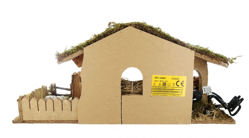 capanna per presepe con recinto e luce effetto fuoco 220v per statuine 10/12 cm non incluse, legno, 56x21x25 centimetri