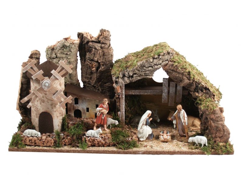 capanna per presepe con statuine da 10 cm e mulino a vento che si muove, 220v, legno/plastica, 55x24x20 cm